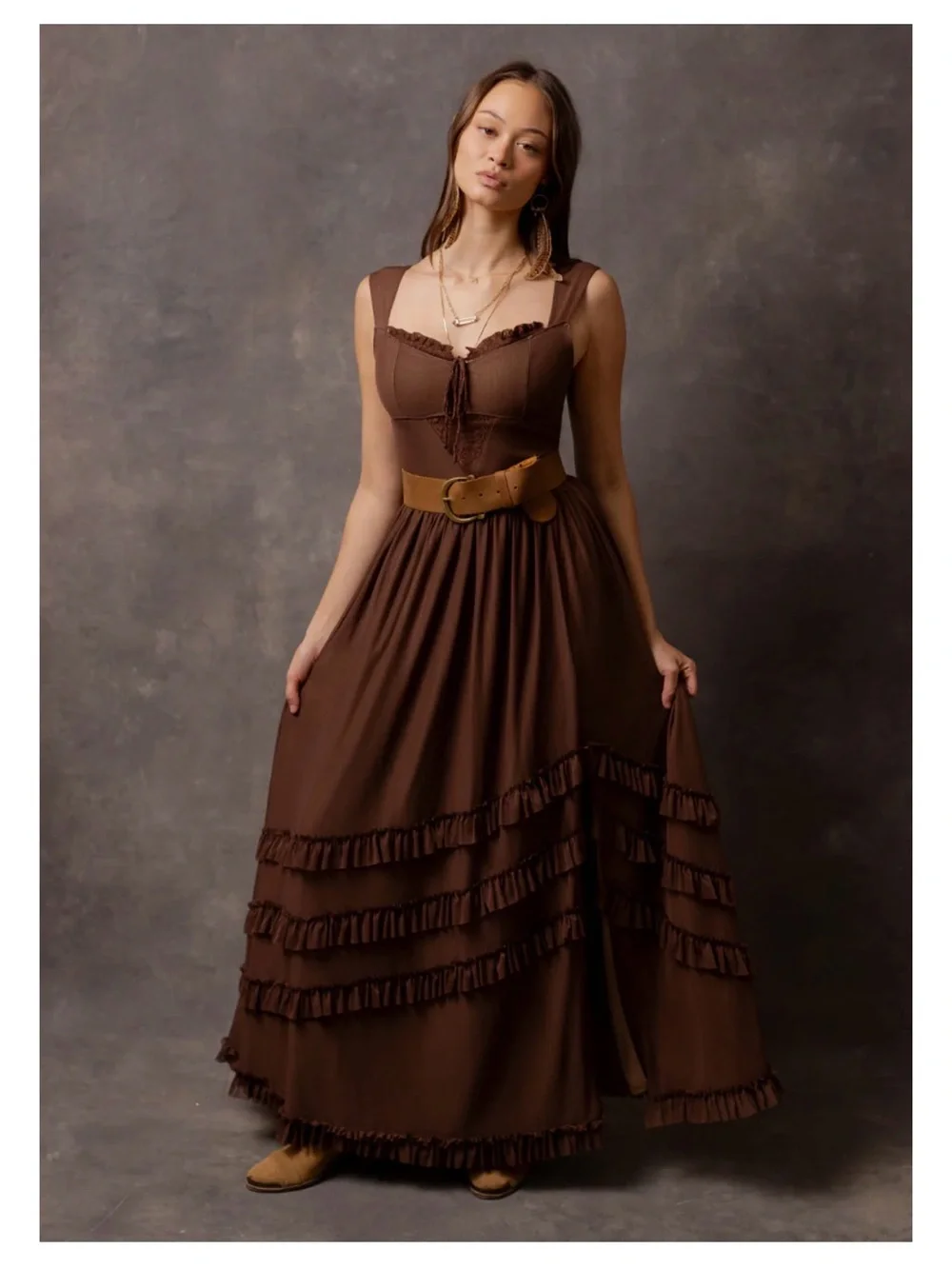 Joyfolie Chocolate Brown Elinda Ruffled Maxi Dress - Picture 2 of 6